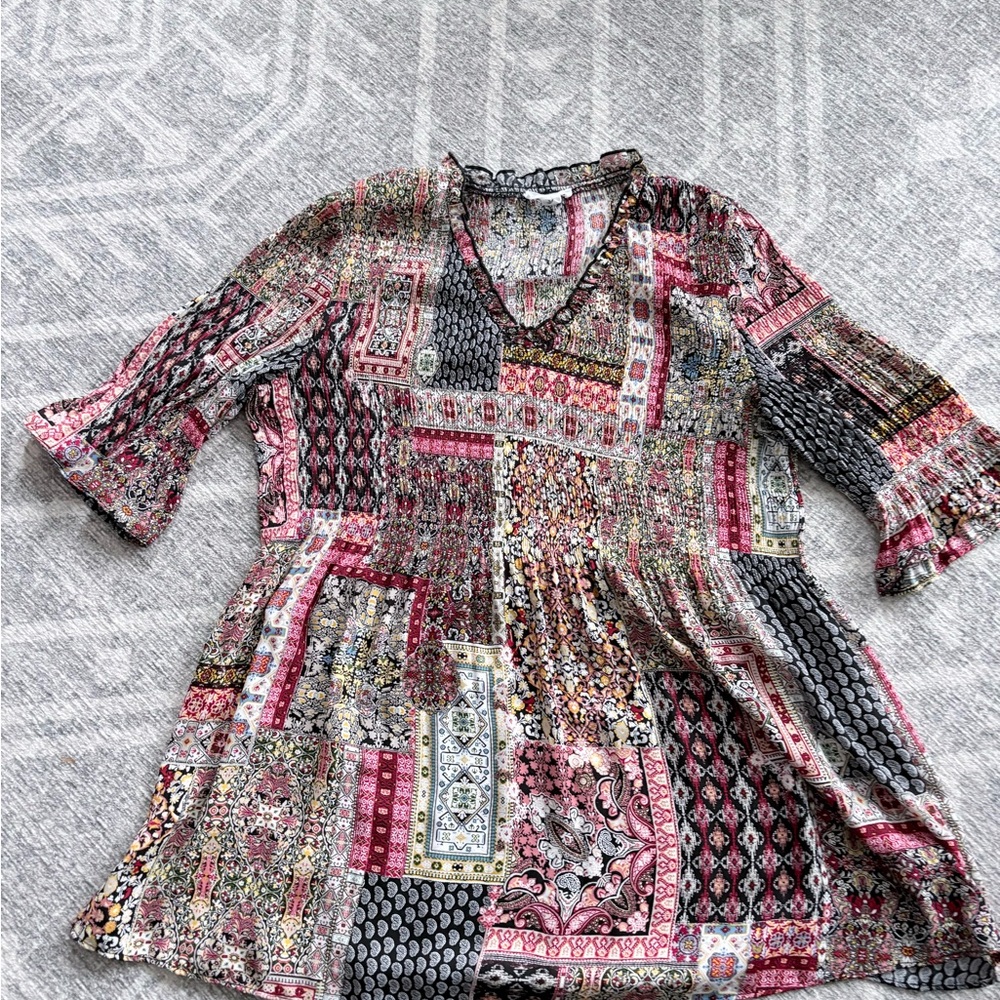 Patchwork V-Neck Boho Tunic in Multi Pink
